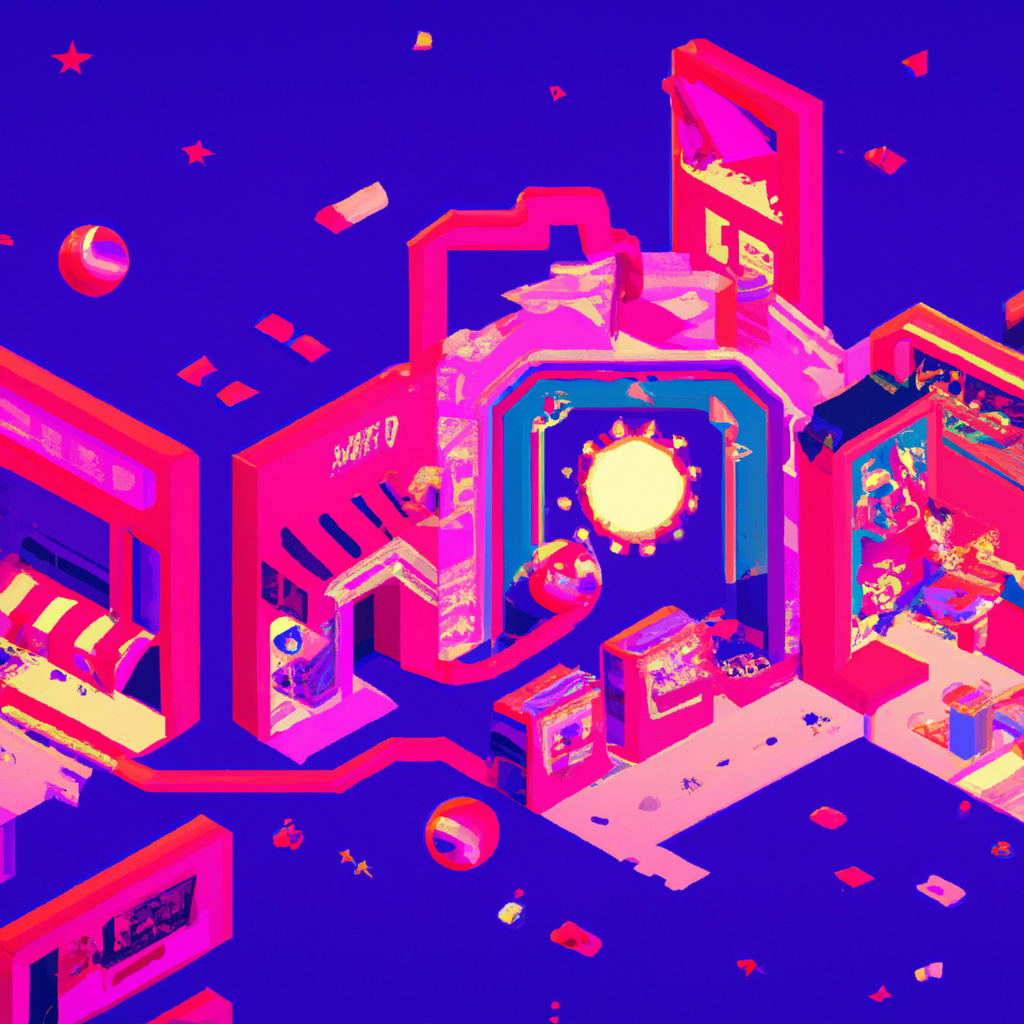 ArcadeForge gameplay collage: neon mini-worlds and HUD